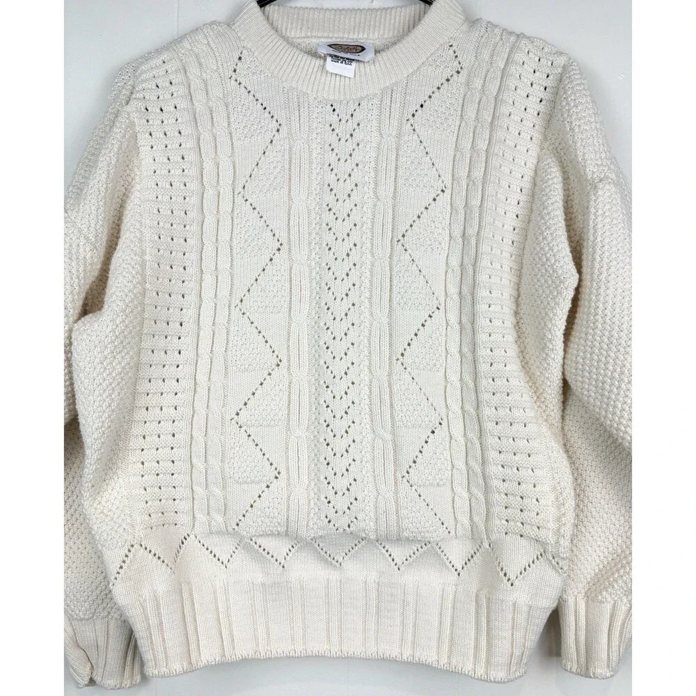 Womens L Vintage Sweater Knit Cream Cotton Grannycore 90s Mom Fisherman Crewneck - Picture 3 of 9